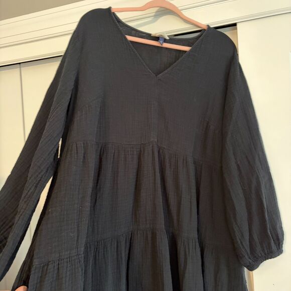 Universal Thread Black Cotton Gauze Long Sleeve midi tiered dress pockets 1X - Picture 4 of 15